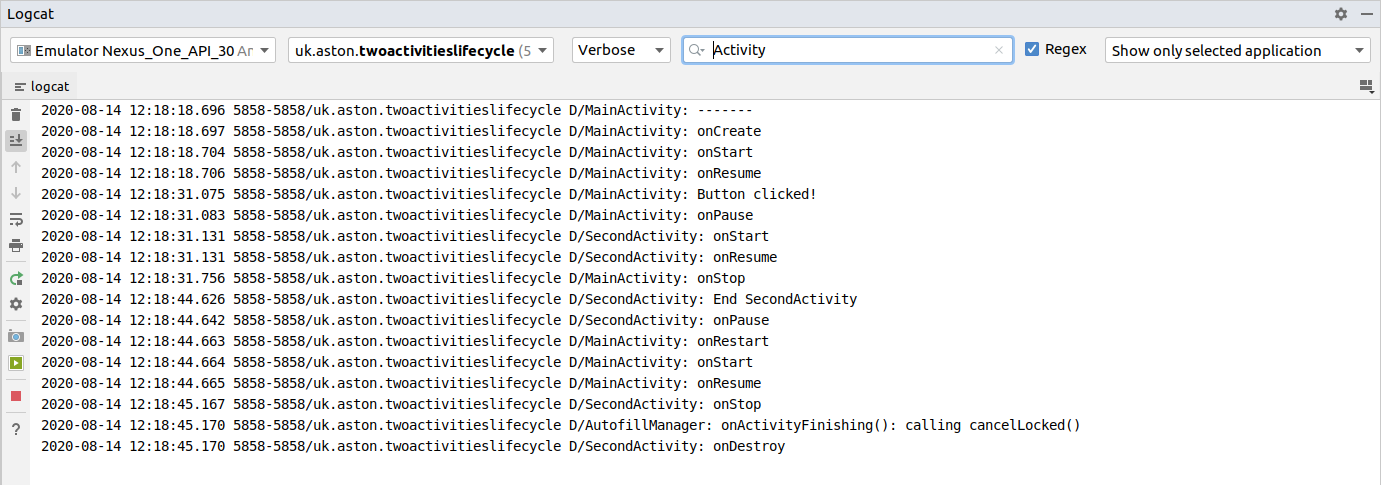 Lifecycle events for two activities